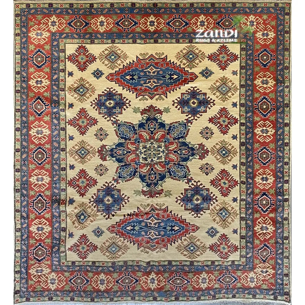 Hand Knotted One Of The Kind Peshawar And Khotan Rug 8'0" x 9'8" Pes_Kho_53: ABC Rugs Kilims Collection Hand Knotted Pakistani Kazak Design Rug Size 8'0''X9'8'' (Rr10392) (Z_8603) (Red, Blue, Cream) Hand knotted and meticulously crafted by Pakistan artisans, this stunning Paki