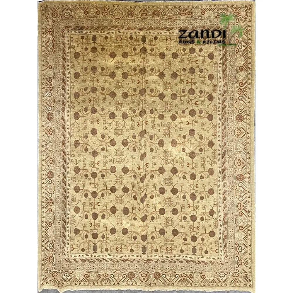 Hand Knotted One Of The Kind Peshawar And Khotan Rug 7'10" x 9'4" Pes_Kho_57: ABC Rugs Kilims Collection Hand Knotted Afghani Khotan Design Rug Size 7'10''X9'4'' (Rr10129) (Z_8142) (Cream, Brown) Hand knotted and meticulously crafted by Afghan artisans, this stunning Afghani Ru