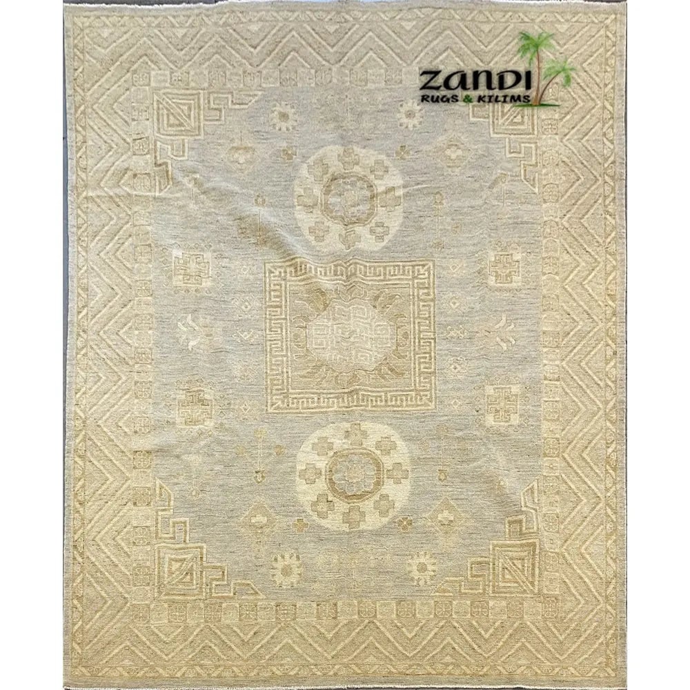 Hand Knotted One Of The Kind Peshawar And Khotan Rug 7'10" x 10'5" Pes_Kho_60: ABC Rugs Kilims Collection Hand Knotted Pakistani Khotan Design Rug Size 7'10''X10'5'' (Rr10124) (Z_8619) (Cream, Gray) Hand knotted and meticulously crafted by Afghan artisans, this stunning Afghani 