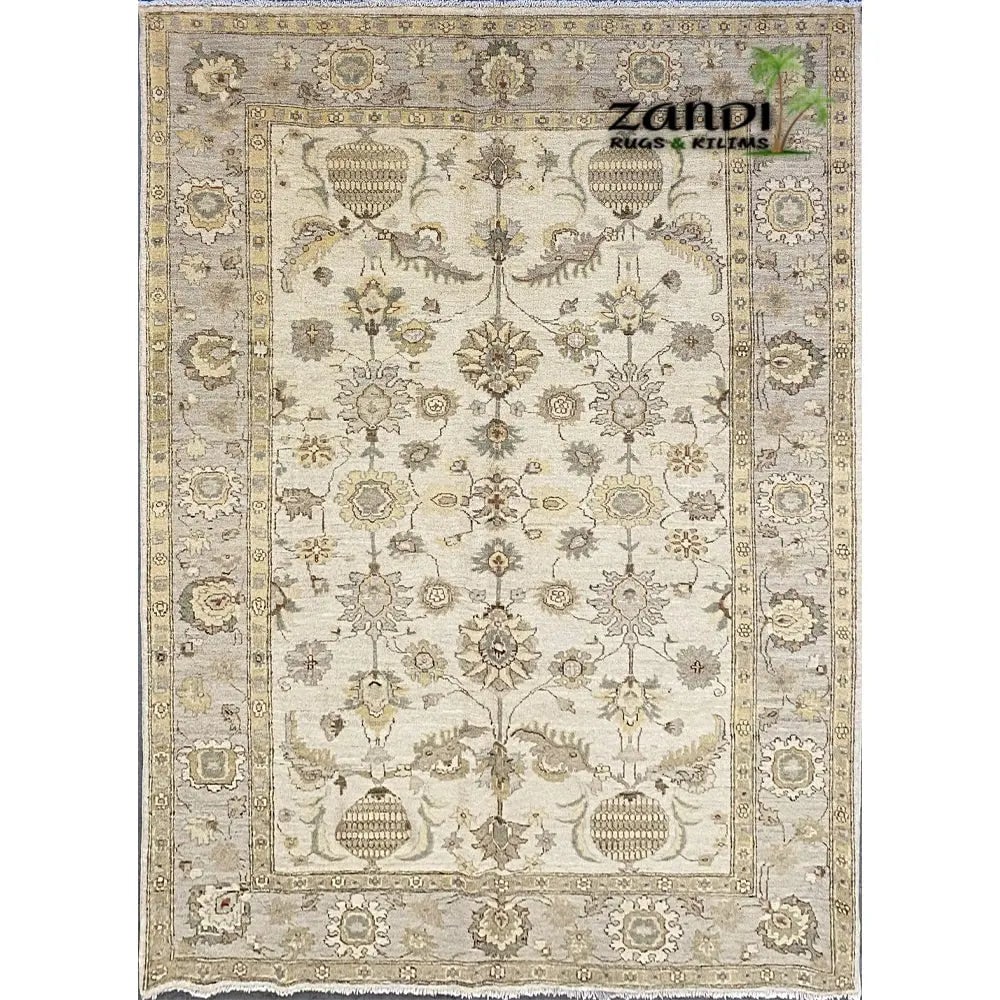 Hand Knotted One Of The Kind Peshawar And Khotan Rug 8'10" x 5'10" Pes_Kho_79: ABC Rugs Kilims Collection Hand Knotted Afghani Oushak Design Rug Size 8'10''X5'10'' (Rr10158) (Abcr8147) (Cream, Gray) Hand knotted and meticulously crafted by Afghan artisans, this stunning Afghani 