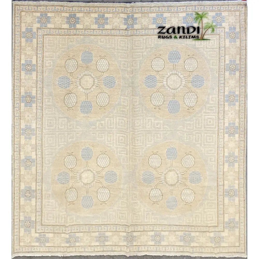 Hand Knotted One Of The Kind Peshawar And Khotan Rug 8'3" x 8'3" Pes_Kho_89: ABC Rugs Kilims Collection Hand Knotted Afghani Khotan Design Rug Size 8'3''X8'3'' (Rr10108) (Z_2077) (Cream, Blue) Hand knotted and meticulously crafted by Afghan artisans, this stunning Afghani Rug 