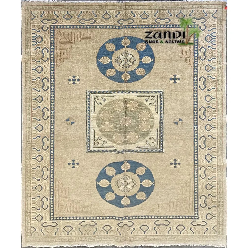 Hand Knotted One Of The Kind Peshawar And Khotan Rug 8'9" x 5'9" Pes_Kho_103: ABC Rugs Kilims Collection Hand Knotted Traditional Peshawar Pakistani Rug Size 8'9X5'9 (Rr10387) (Z_Abcr01752) (Camel, Blue) Hand knotted and meticulously crafted by Pakistan artisans, this stunning 