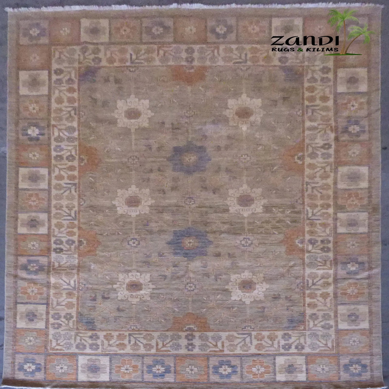Hand Knotted One Of The Kind Peshawar And Khotan Rug 7'9" x 10'9" Pes_Kho_177: ABC Rugs Kilims Collection Pakistani Khotan Design Hand Knotted Wool/Cotton | Size 7'9X 10'9 Gr16528 (Abcr16528) (Camel, Brown) Hand knotted and meticulously crafted by Afghan artisans, this stunning 