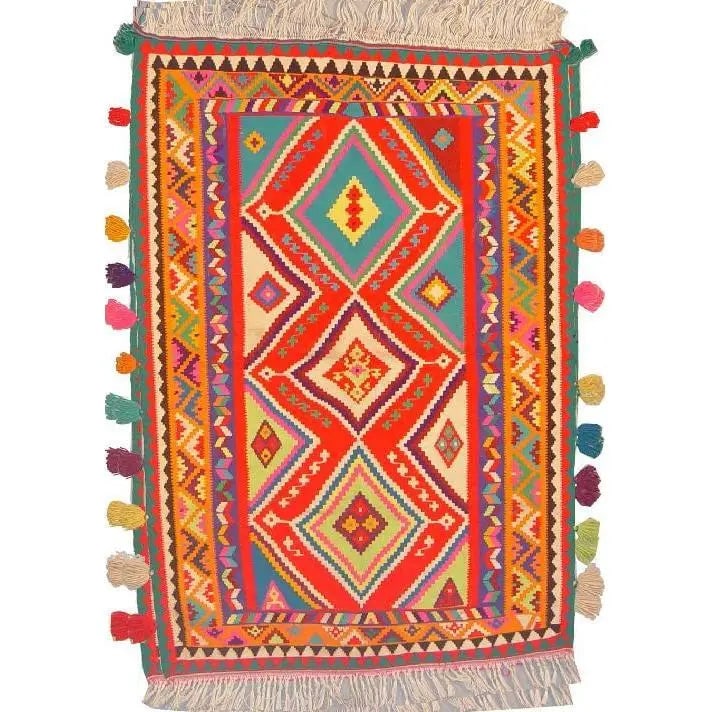 Authentic One-of-a-Kind Wool and Silk Shiraz Persian Kilim, 4'11" x 3'3": ABC Rugs Kilims Collection Shiraz Persian Kilim Collection And Modern Colorful Hand-Knotted Multi Area Kilim With Natural Silk & Wool And Cotton 4'11" X 3'3" Abck00050 with over 65 years old Hand-