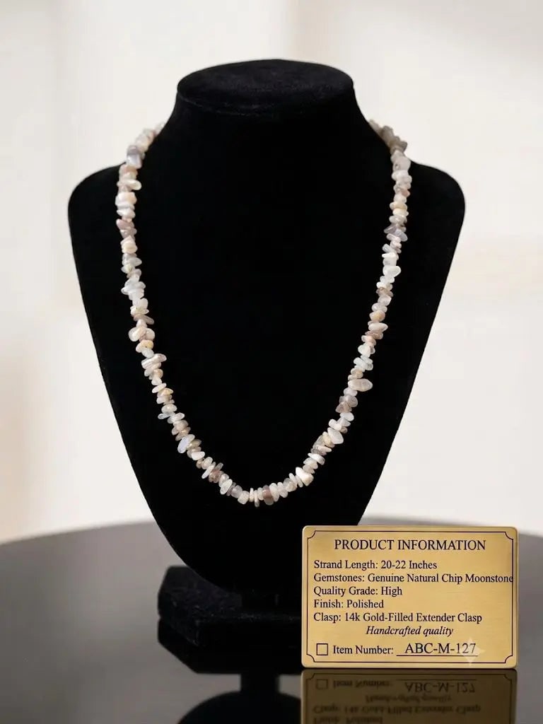 Genuine Natural Chip Moonstone Necklace, Length 20-22 inches (adjustable), ABC-M-127: Genuine Natural Chip Moonstone Necklace, Length 20-22 inches (adjustable), ABC-M-127 Registered GIA Client for Natural Diamonds & Gemstones in the USA. Certificates of Authenticity for Our Hand-Knotte