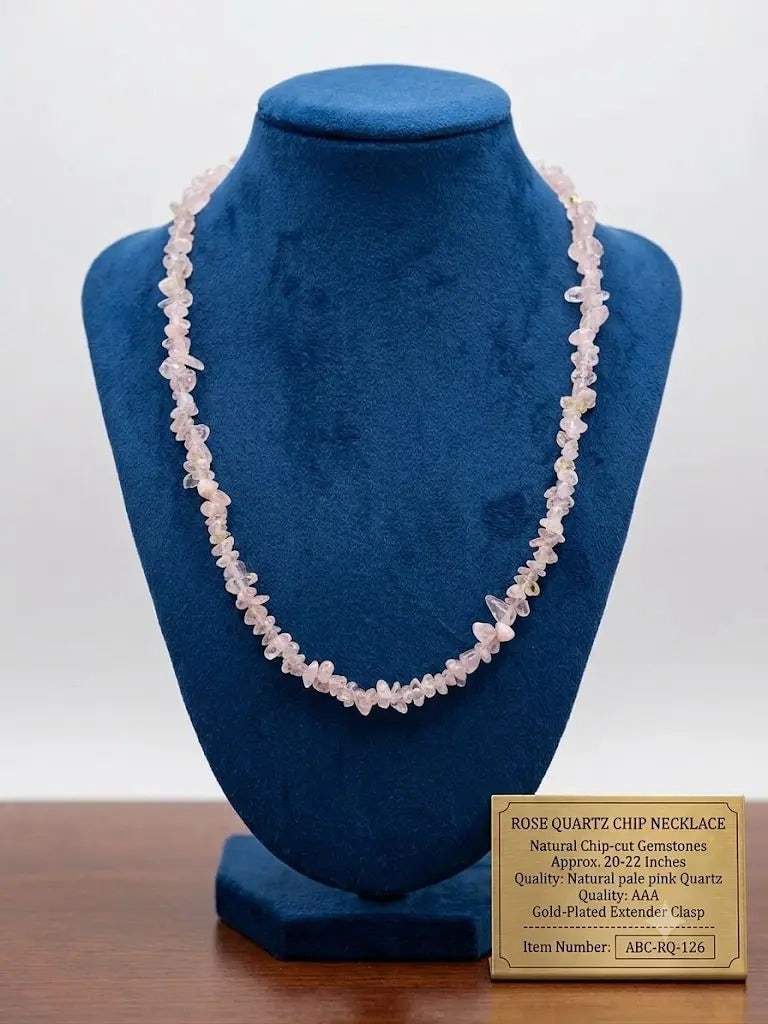 ROSE QUARTZ CHIP NECKLACE, Natural Chip-cut Gemstones, Length 20-22 inches (adjustable), ABC-RQ-126