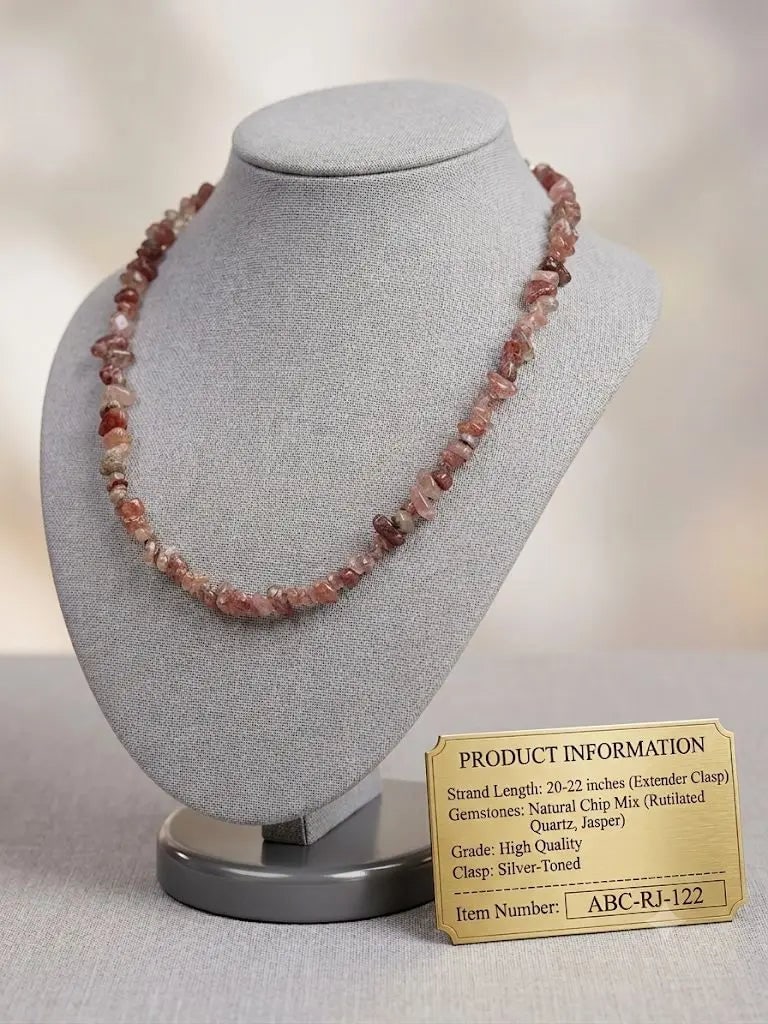 Natural Chip Gemstone Necklace, Rutilated Quartz & Jasper Mix, Length 20-22 inches (adjustable),
