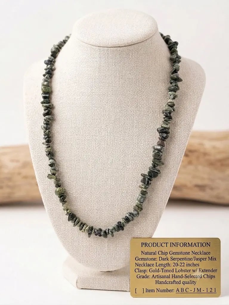 Natural Chip Gemstone Necklace, Dark Serpentine & Jasper Mix, Length 20-22 inches (adjustable),