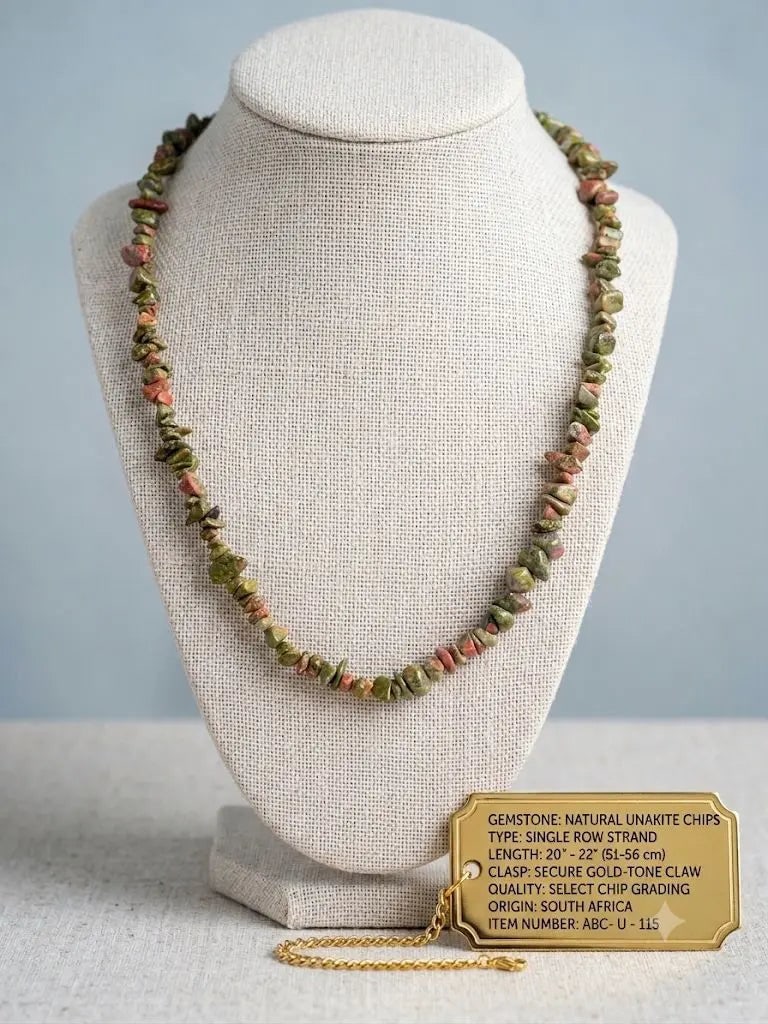 NATURAL GEMSTONE UNAKITE CHIPS, SINGLE ROW STRAND, Length 20-22 inches (adjustable), ABC-U-115 (1 of 1)