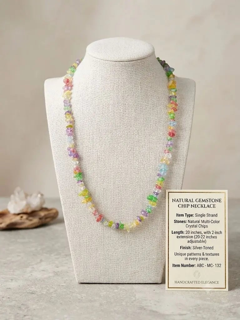 NATURAL GEMSTONE CHIP NECKLACE, Single Strand, Multi-Color Crystal Chips, Length 20-22 inches: NATURAL GEMSTONE CHIP NECKLACE, Single Strand, Multi-Color Crystal Chips, Length 20-22 inches (adjustable), ABC-MC-132 Registered GIA Client for Natural Diamonds & Gemstones in the USA. Certificates o