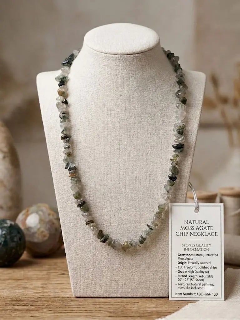 NATURAL MOSS AGATE CHIP NECKLACE, Natural, untreated Mass Agate, Length 20-22 inches (Adjustable), (1 of 1)