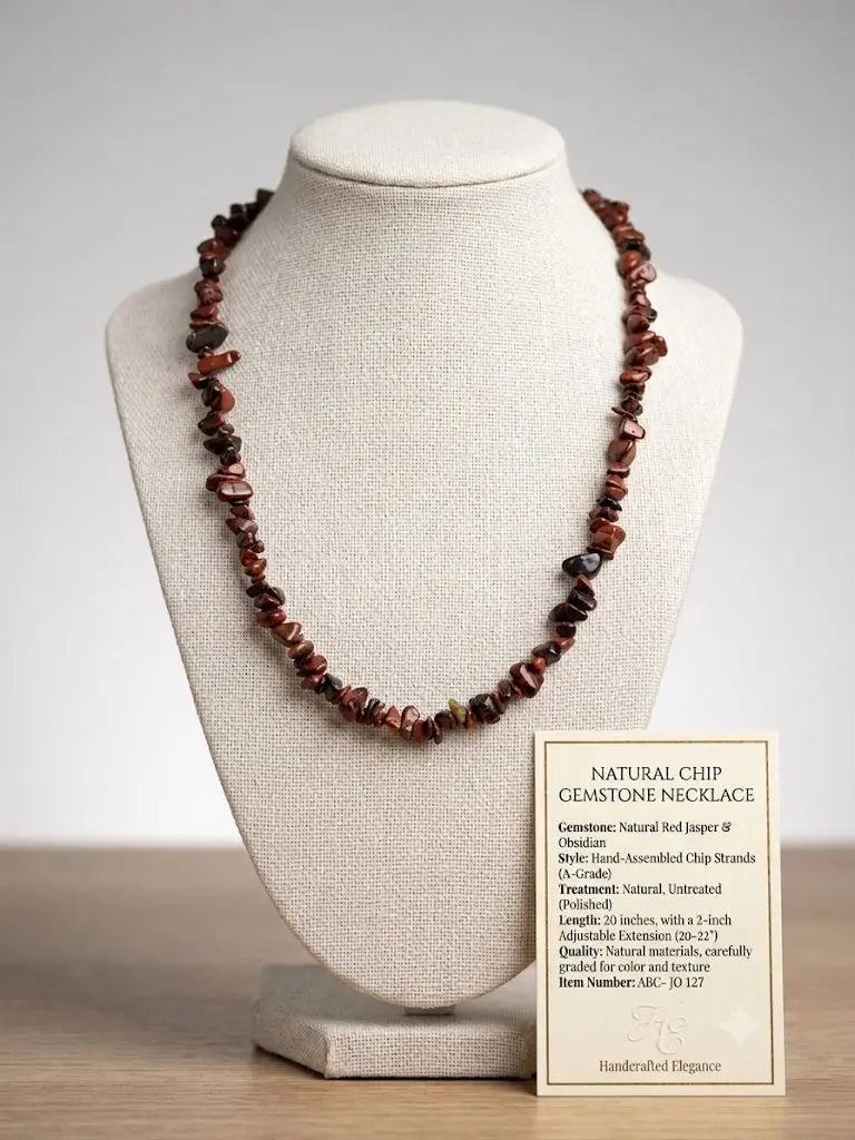 NATURAL CHIP GEMSTONE NECKLACE, Natural Red Jasper & Obsidian, Length 20-22 inches (Adjustable),: NATURAL CHIP GEMSTONE NECKLACE, Natural Red Jasper & Obsidian, Length 20-22 inches (Adjustable), ABC-JO-127 Registered GIA Client for Natural Diamonds & Gemstones in the USA. Certificates of Authe