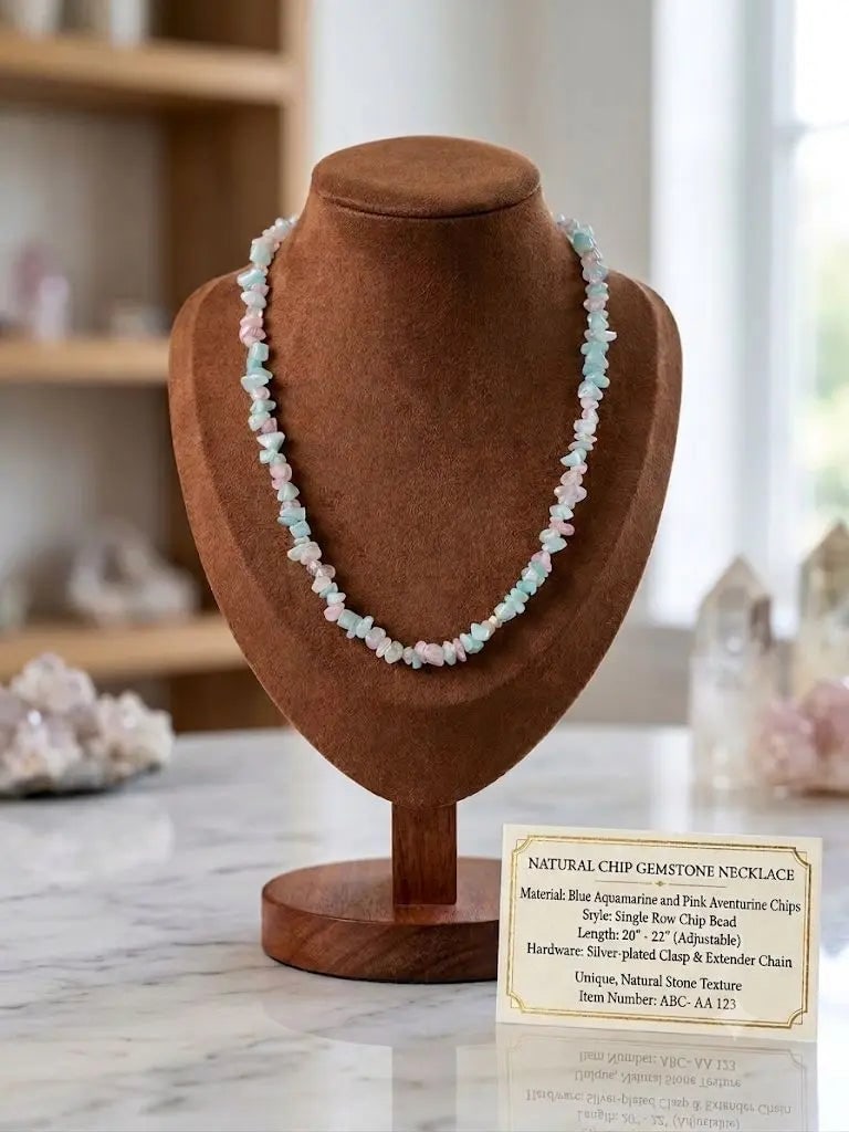 NATURAL CHIP GEMSTONE NECKLACE, Blue Aquamarine and Pink Aventurine Chips, Single Row Chip Bead,