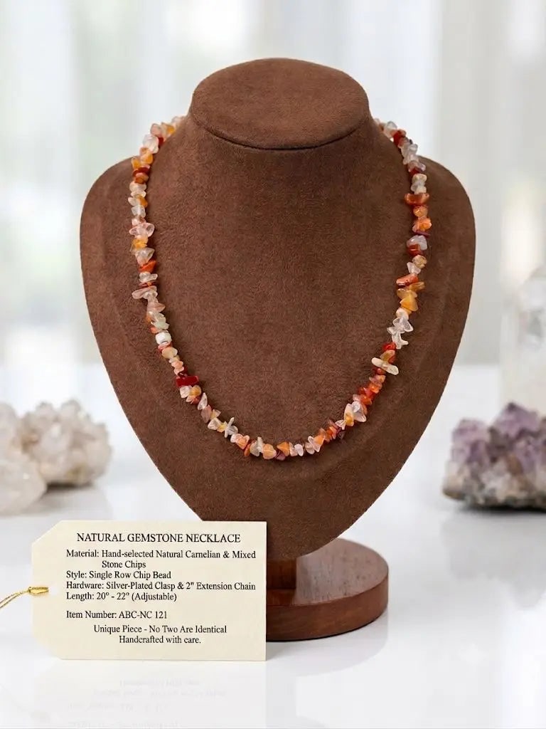 NATURAL GEMSTONE NECKLACE, Hand-selected Natural Carnelian & Mixed Stone Chips, Length 20-22 inches