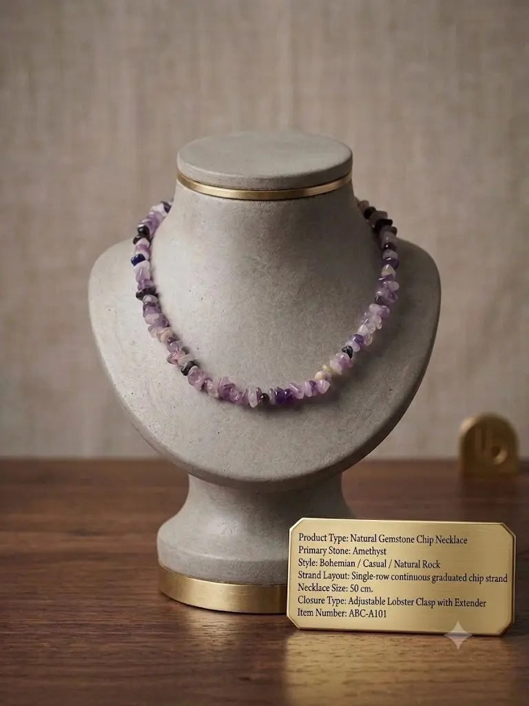 Natural Gemstone Chip Necklace, Stone Amethyst, Style Bohemian, Necklace Size 50 cm., ABC_NEC_A101