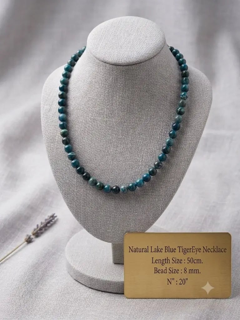 Natural Lake Blue TigerEye Necklace, Length Size 50cm., Bead Size 8 mm., ABC_NEC_20: Natural Lake Blue TigerEye Necklace, Length Size 50cm., Bead Size 8 mm., ABC_NEC_20 Registered GIA Client for Natural Diamonds & Gemstones in the USA. Certificates of Authenticity for Our Hand-Knotted