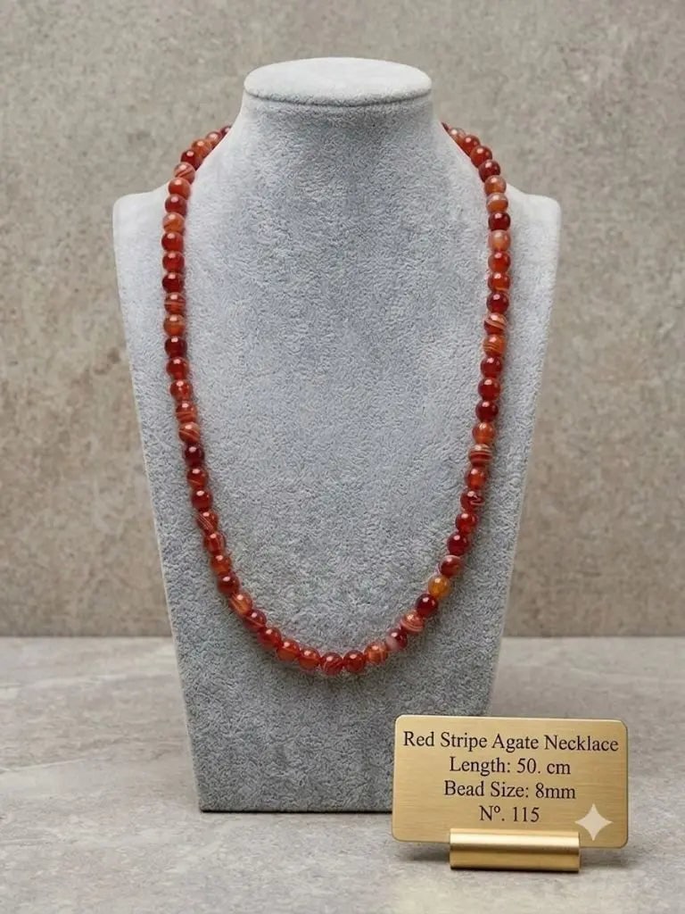 Red Stripe Agate Necklace, Length 50. cm, Bead Size 8mm, ABC_NEC_115: Red Stripe Agate Necklace, Length 50. cm, Bead Size 8mm, ABC_NEC_115 Registered GIA Client for Natural Diamonds & Gemstones in the USA. Certificates of Authenticity for Our Hand-Knotted Rugs & Kilims.