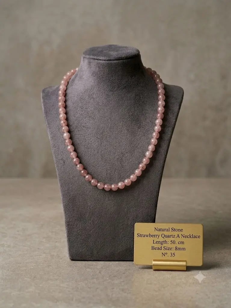 Natural Stone, Strawberry Quartz A Necklace, Length 50. cm, Bead Size 8mm, ABC_NEC_35