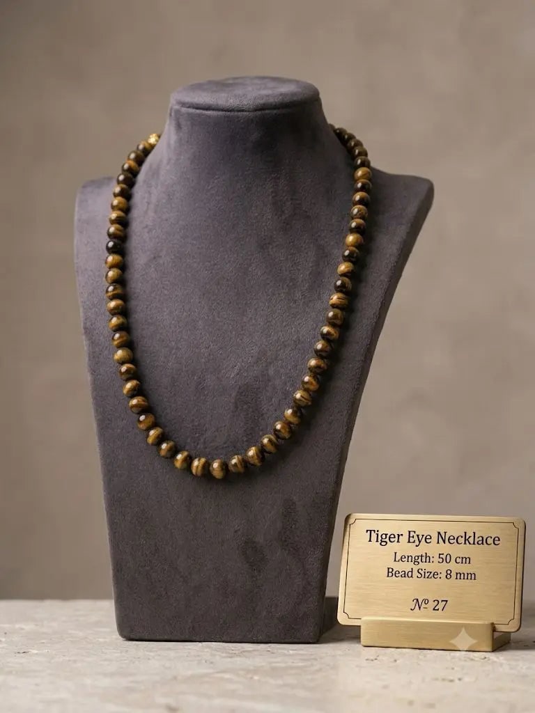 Tiger Eye Necklace, Length 50 cm, Bead Size 8 mm, ABC_NEC_27