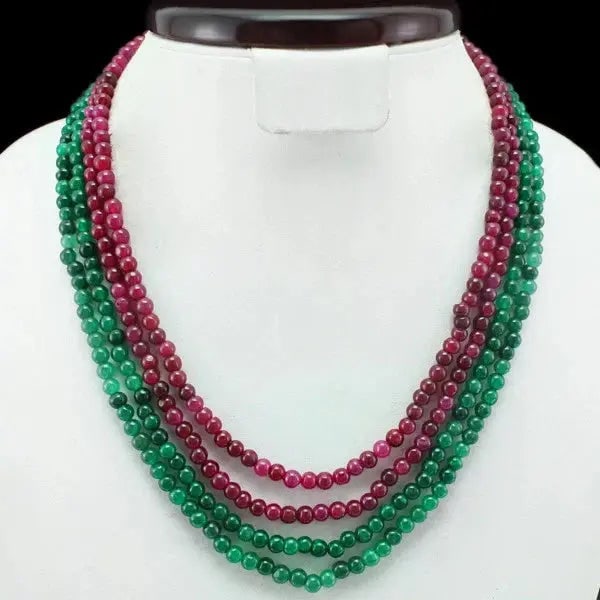 Exceptional Quality AWESOME FINEST BEST 299.50 CTS Enhanced RUBY & EMERALD 4 LINE BEADS NECKLACE (1 of 1)
