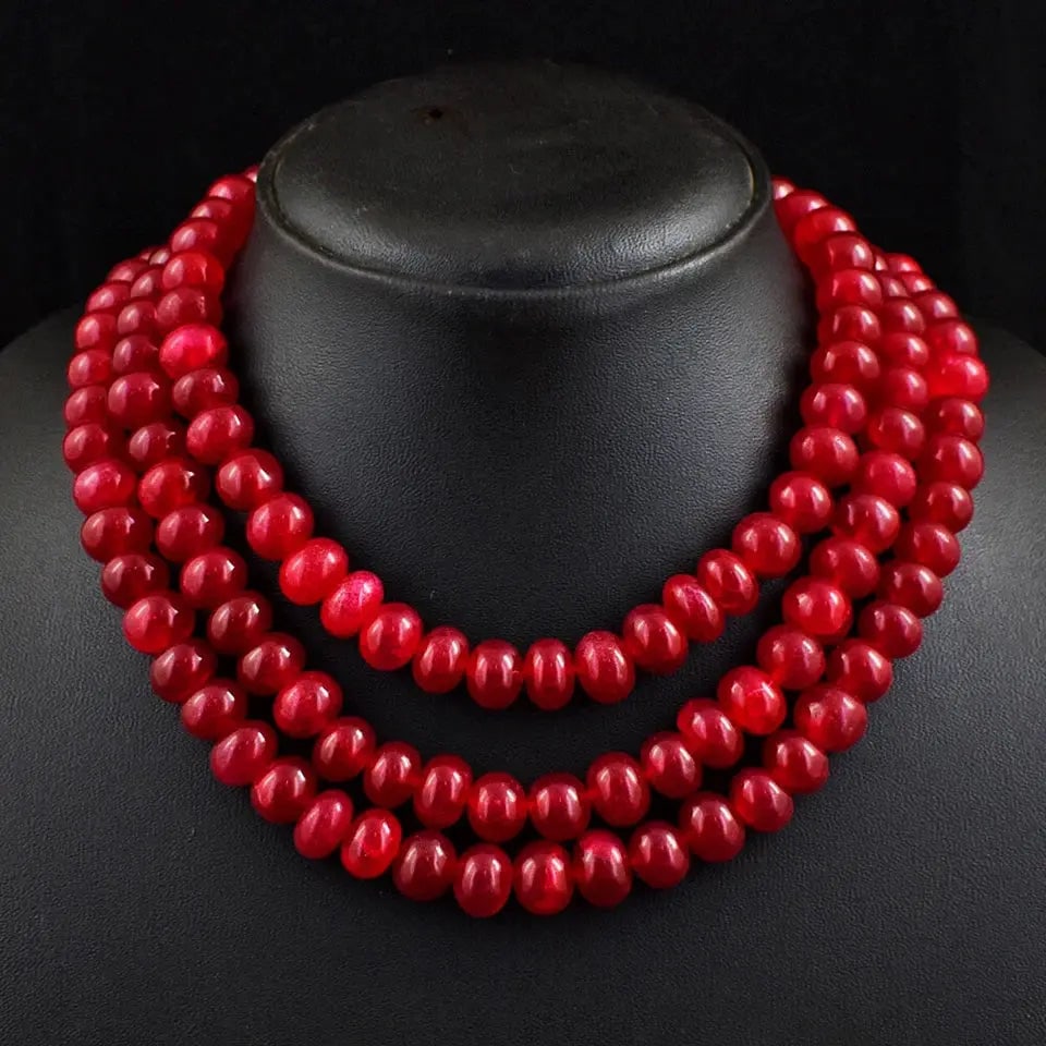 Exceptional Quality 1140 Cts Earth Mined 3 Strand Red Ruby Round Shape Beads Necklace JK 42E384: AAA+ Certified Quality 1140 Cts Earth Mined 3 Strand Red Ruby Round Shape Beads Necklace JK 42E384 We can arrange GIA certification and verification for vintage jewelry, diamonds, and gemstones. The c