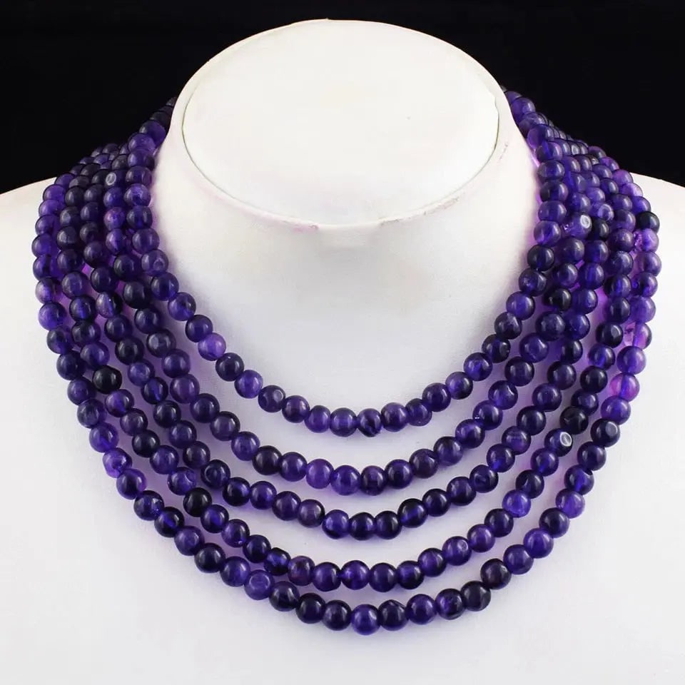 Exceptional Quality Round Shape 803 Cts Earth Mined 5 Line Purple Amethyst Beaded Necklace SK 14E448: AAA+ Certified Quality Round Shape 803 Cts Earth Mined 5 Line Purple Amethyst Beaded Necklace SK 14E448 We can arrange GIA certification and verification for vintage jewelry, diamonds, and gemstones. 