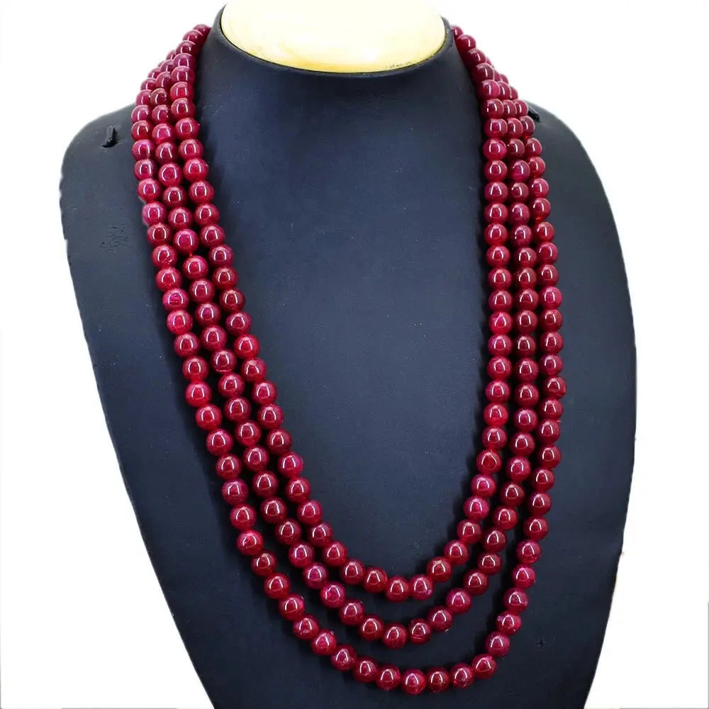 Exceptional Quality 680.00 Cts Earth Mined Round Shape 3 Strand Red Ruby Beads Necklace: Our gemstones are organic, natural stones suitable for investment, collectors, and fine jewelry, each accompanied by an authentic certification. Our 925 silver pieces are rhodium-plated and finished w