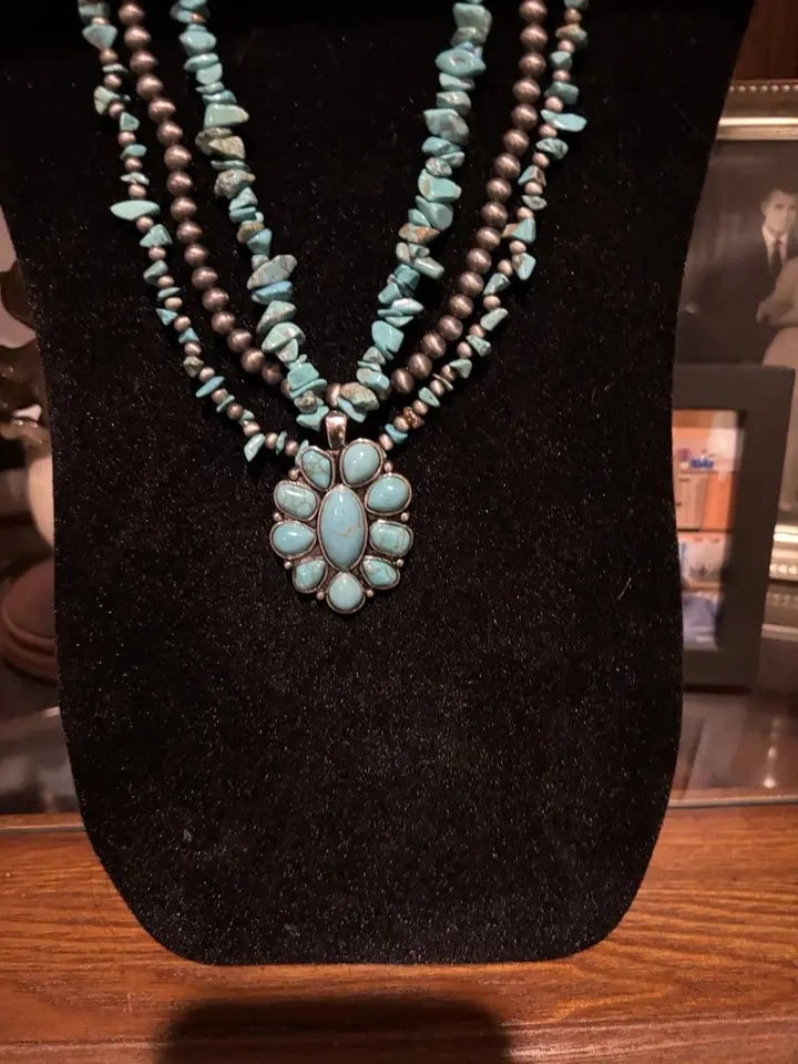 Exceptional Quality Western Three Strand Turquoise Color Necklace with Silver Beads (1 of 1)