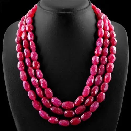 Exceptional Quality 1040.00 CTS EARTH MINED RICH RED RUBY 3 STRAND OVAL FACETED BEADS NECKLACE (DG) (1 of 1)
