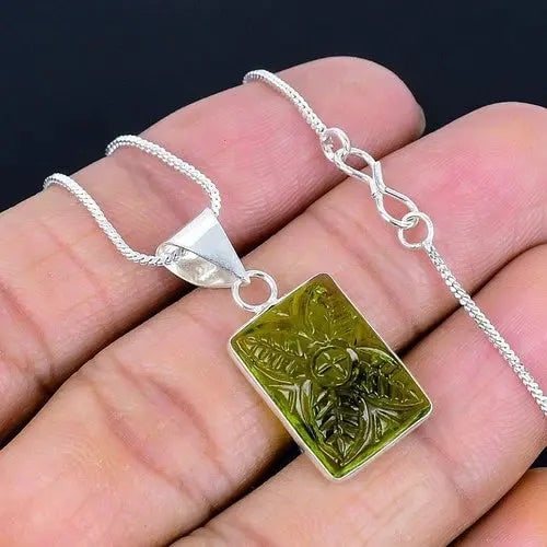 Exceptional Quality Peridot Carving 925 Silver Plated Handmade Necklace of 17"-18"Green Cus-Jew64: Our gemstones are organic, natural stones suitable for investment, collectors, and fine jewelry, each accompanied by an authentic certification. Our 925 silver pieces are rhodium-plated and finished w