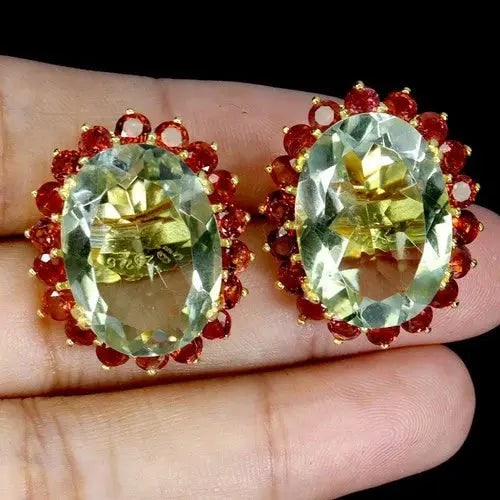 Exceptional Quality 925 Sterling Silver Earrings Oval Green Amethyst 18x13mm Rhodolite Gemstone: Our gemstones are organic, natural stones suitable for investment, collectors, and fine jewelry, each accompanied by an authentic certification. Our 925 silver pieces are rhodium-plated and finished w