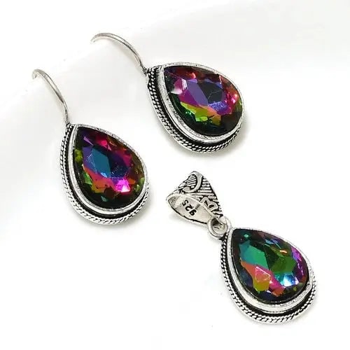 Exceptional Quality Mystic Quartz 925 Silver Plated Handmade Pendant & Earrings Set of 25" Cus-Jew77: Our gemstones are organic, natural stones suitable for investment, collectors, and fine jewelry, each accompanied by an authentic certification. Our 925 silver pieces are rhodium-plated and finished w