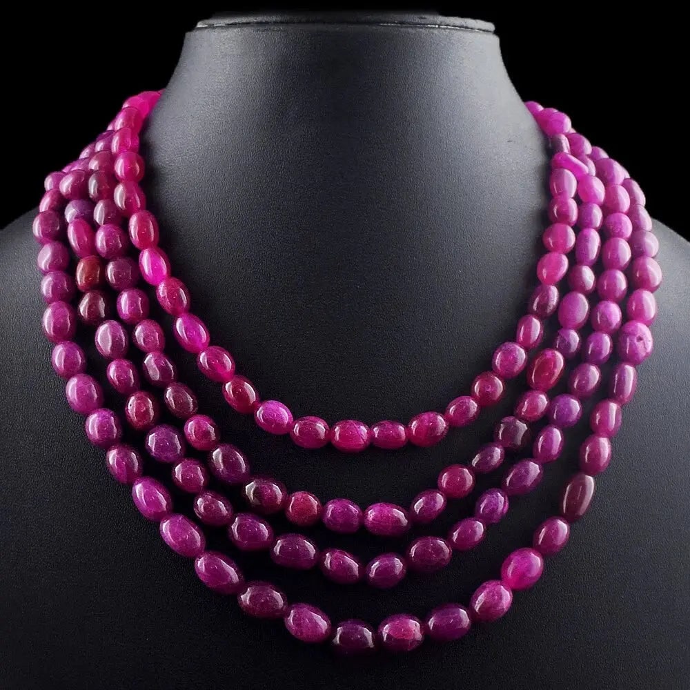 Exceptional Quality Very Attractive Pink Ruby 4 Strand 780 Cts Necklace Womens Jewelery Cus-Jew87: AAA+ Quality 780 Cts Earth-Mined Pink Ruby 4-Strand Beaded Necklace Product Details: Gemstone: Natural Ruby (Earth-Mined) Total Weight: Approx. 780 Carats Bead Shape: Oval Strands: 4 Strands Color: Ri