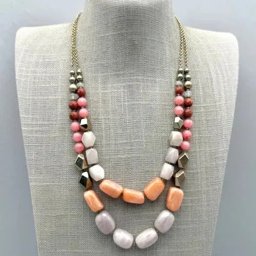 Exceptional Quality Brand Necklace — Women’s Pink, Gray, and Coral-Tone Chunky Beads, Double: Our gemstones are organic, natural stones suitable for investment, collectors, and fine jewelry, each accompanied by an authentic certification. Our 925 silver pieces are rhodium-plated and finished w