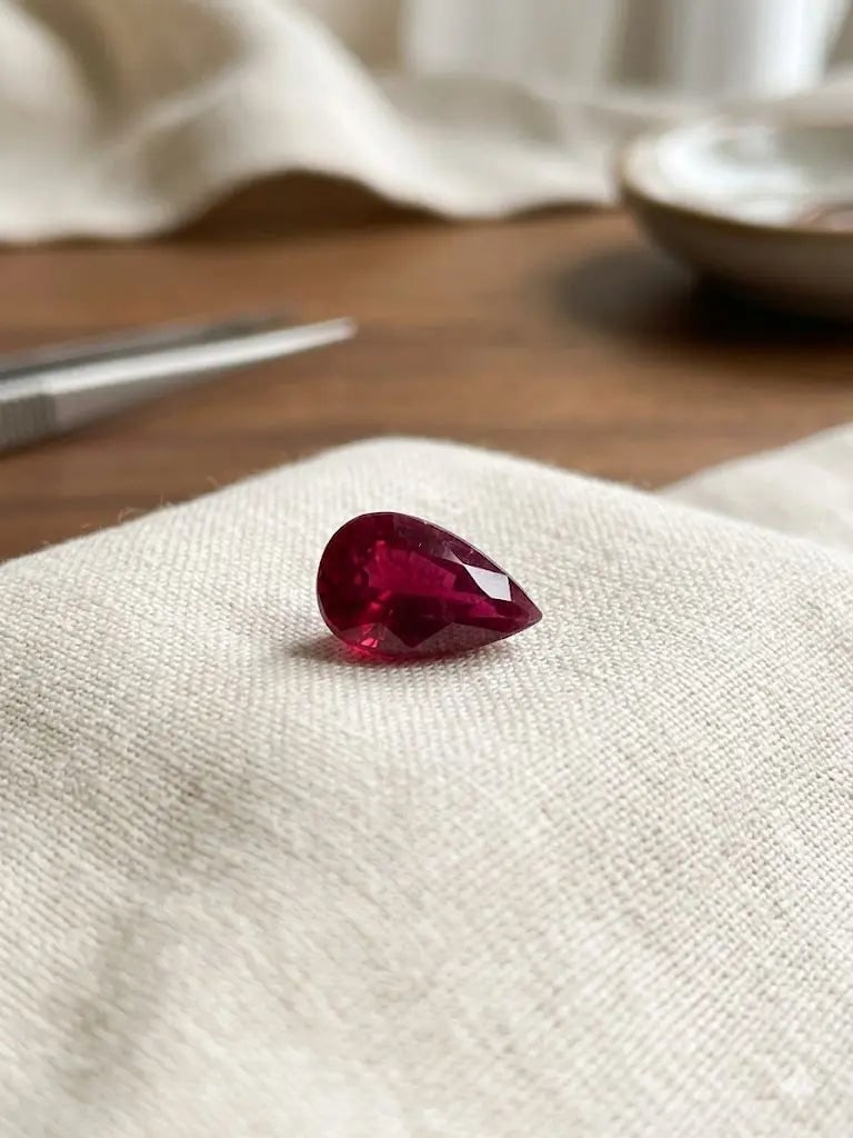 Exceptional Quality Ruby Manik, Pear Shaped, Red Semi-Transparent Colored, Weight 10Ct.,Gravity: ABC Rugs, Kilims & Jewelry offers internationally certified and verified pieces, with documentation provided by trusted gemological institutions, manufacturers, and industry professionals. At ABC