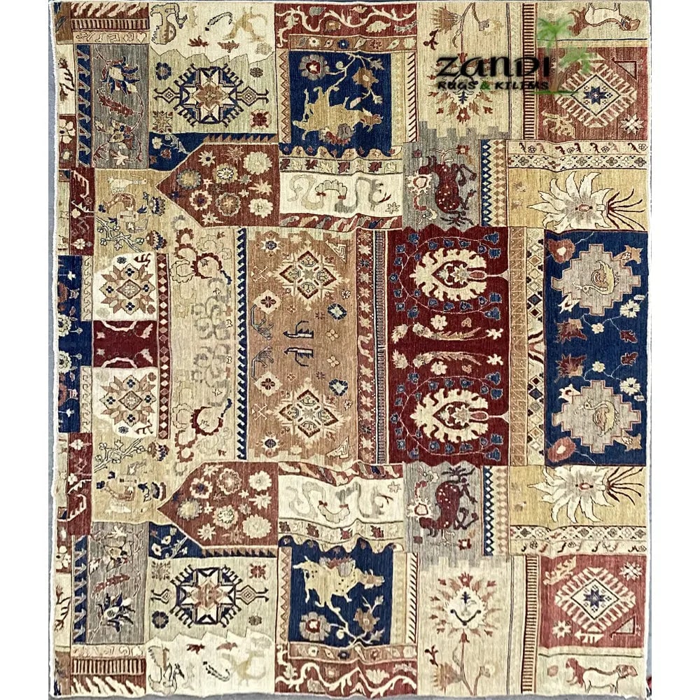 Hand Knotted One Of The Kind Peshawar And Khotan Rug 11'10" x 7'8" Pes_Kho_08: ABC Rugs Kilims Collection Hand Knotted Afghani Khotan Design Rug Size 11'10''X7'8'' (Rr10122) (Z_20112) (Red, Blue, Brown) Hand knotted and meticulously crafted by Afghan artisans, this stunning Afgh