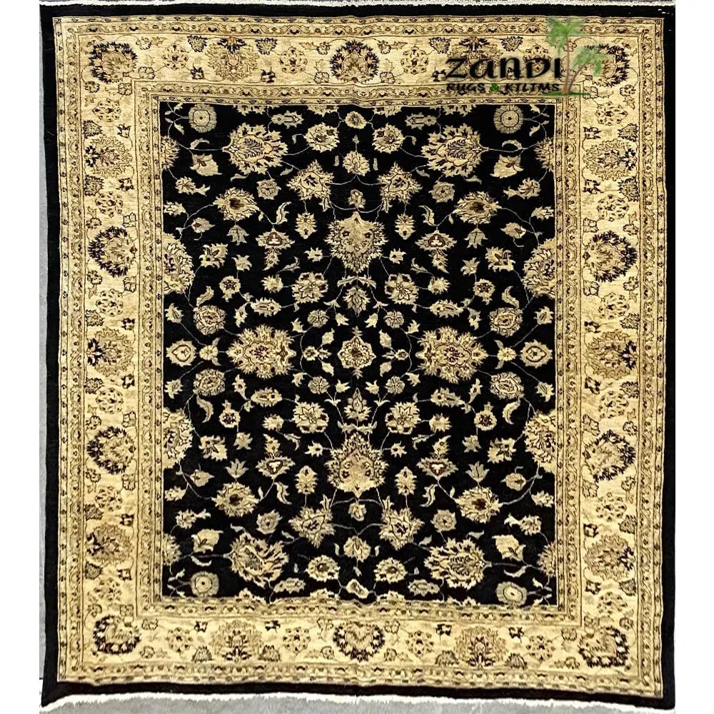Hand Knotted One Of The Kind Peshawar And Khotan Rug 8'9" x 9'11" Pes_Kho_13: ABC Rugs Kilims Collection Hand Knotted Pakistani Peshawar Traditional Design Rug Size 8'9''X9'11'' Rr10191 (Z_Abcr01826) (Black, Gold) Hand knotted and meticulously crafted by Pakistan artisans, this