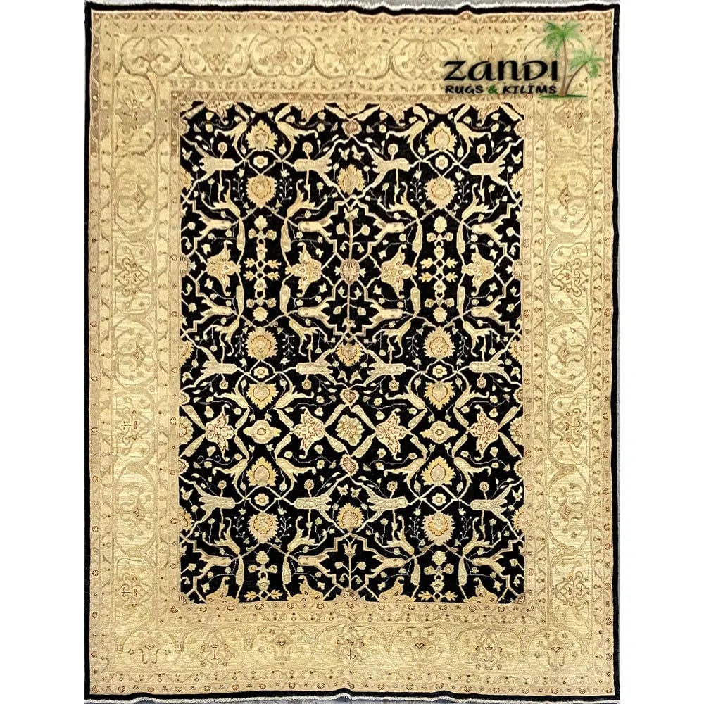 Hand Knotted One Of The Kind Peshawar And Khotan Rug 11'7" x 9'0" Pes_Kho_28: ABC Rugs Kilims Collection Hand Knotted Afghani Oushak Design Rug Size 11'7''X9'0'' (Rr10188) (Abcmp1214) (Black, Golden) Hand knotted and meticulously crafted by Afghan artisans, this stunning Afghan