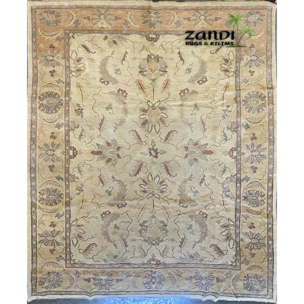 Hand Knotted One Of The Kind Peshawar And Khotan Rug 9'4" x 8'5" Pes_Kho_66: ABC Rugs Kilims Collection Hand Knotted Afghani Oushak Design Rug Size 9'4''X8'5'' (Rr10164) (Abcr08248) (Cream, Brown) Hand knotted and meticulously crafted by Afghan artisans, this stunning Afghani 