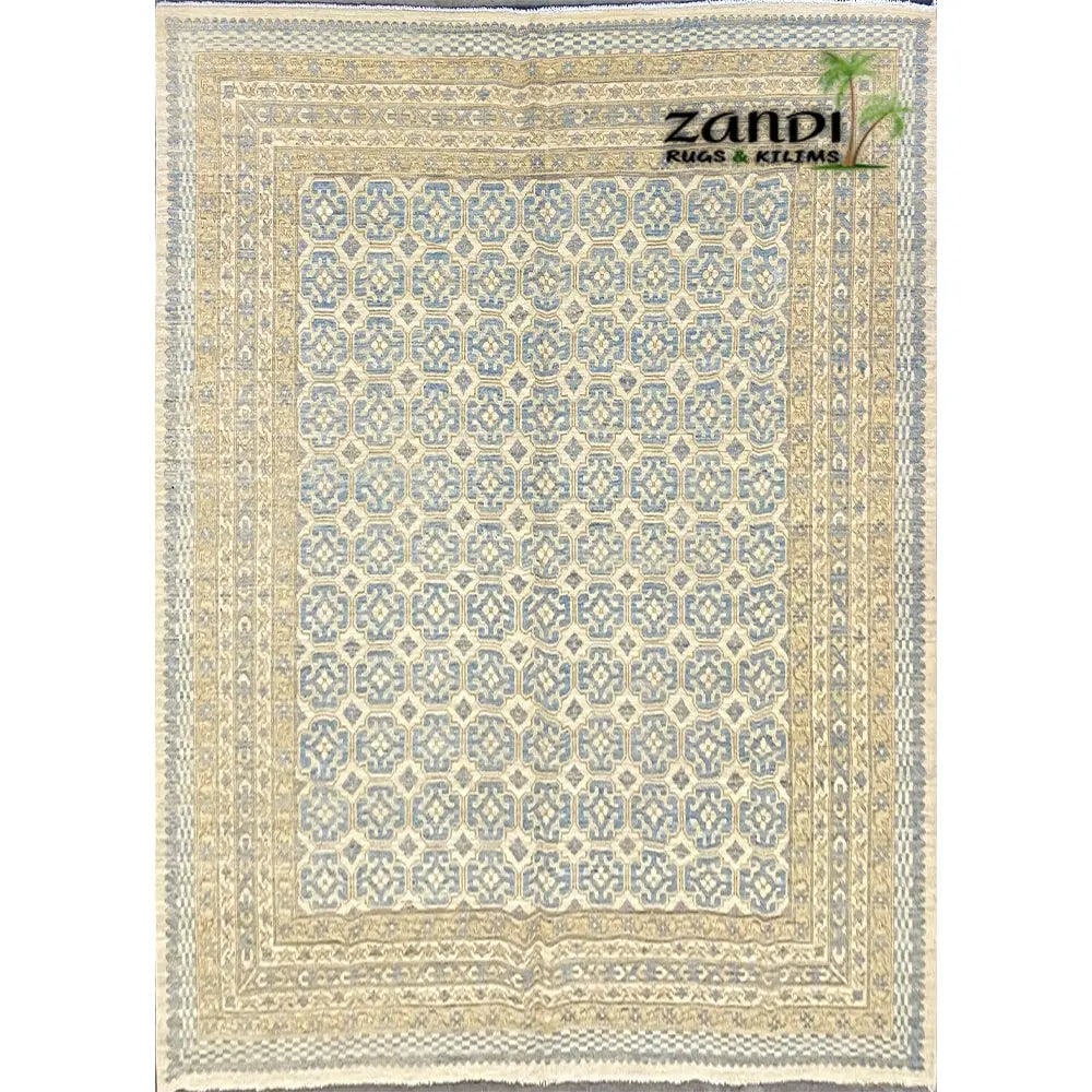 Hand Knotted One Of The Kind Peshawar And Khotan Rug 9'11" x 8'5" Pes_Kho_87: ABC Rugs Kilims Collection Hand Knotted Afghani Khotan Design Rug Size 9'11''X8'5'' (Rr10147) (Z_2872) (Cream, Blue) Hand knotted and meticulously crafted by Afghan artisans, this stunning Afghani Rug