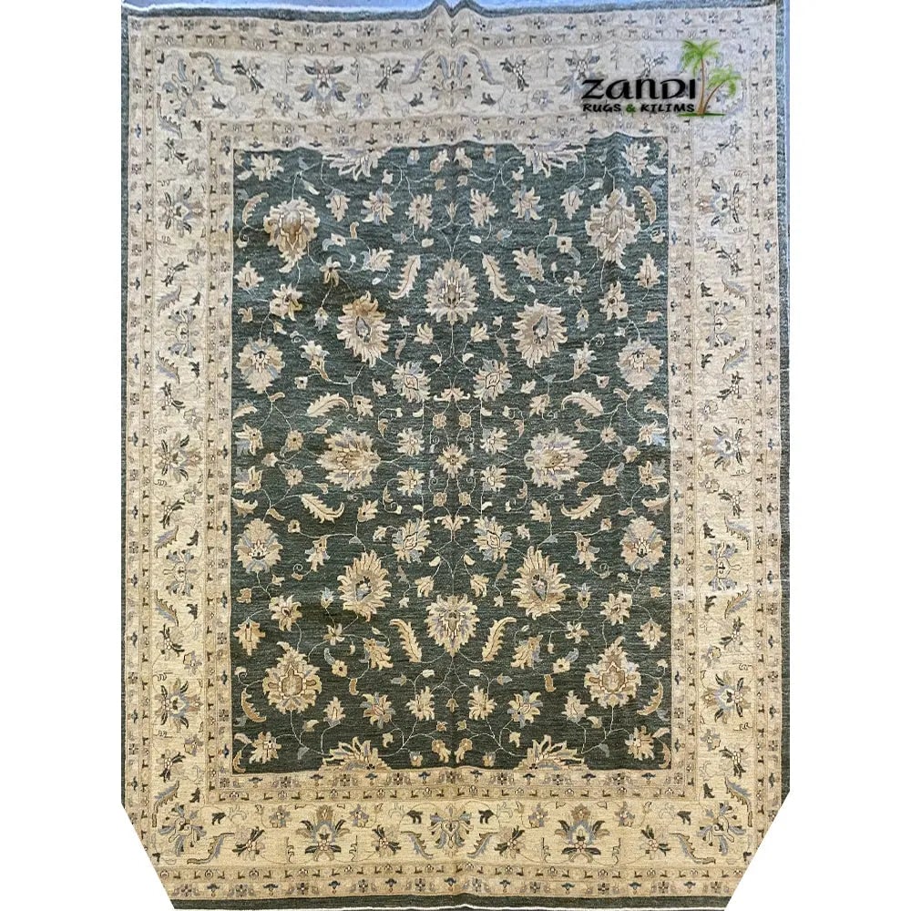Hand Knotted One Of The Kind Peshawar And Khotan Rug 9'0" x 12'0" Pes_Kho_95: ABC Rugs Kilims Collection Hand Knotted Pakistani Floral Design Rug Size 9'0X12'0 (Rr10148) (Z_Pk11264) (Green, Cream) Hand knotted and meticulously crafted by Pakistan artisans, this stunning Pakista