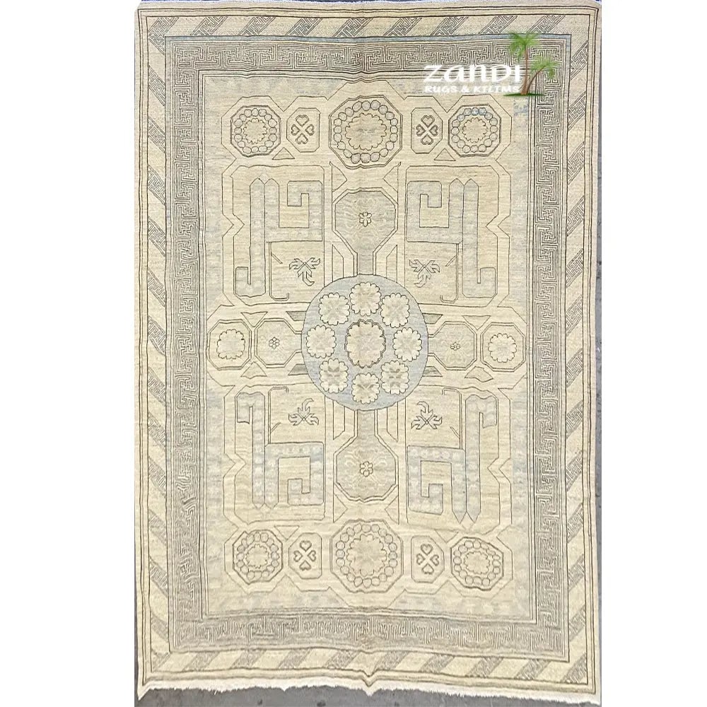 Hand Knotted One Of The Kind Peshawar And Khotan Rug 12'4" x 8'11" Pes_Kho_97: ABC Rugs Kilims Collection Hand Knotted Afghani Khotan Design Rug Size 12'4X8'11 (Rr10144) (Z_Abcr04314) (Cream, Gray) Hand knotted and meticulously crafted by Afghan artisans, this stunning Afghani R