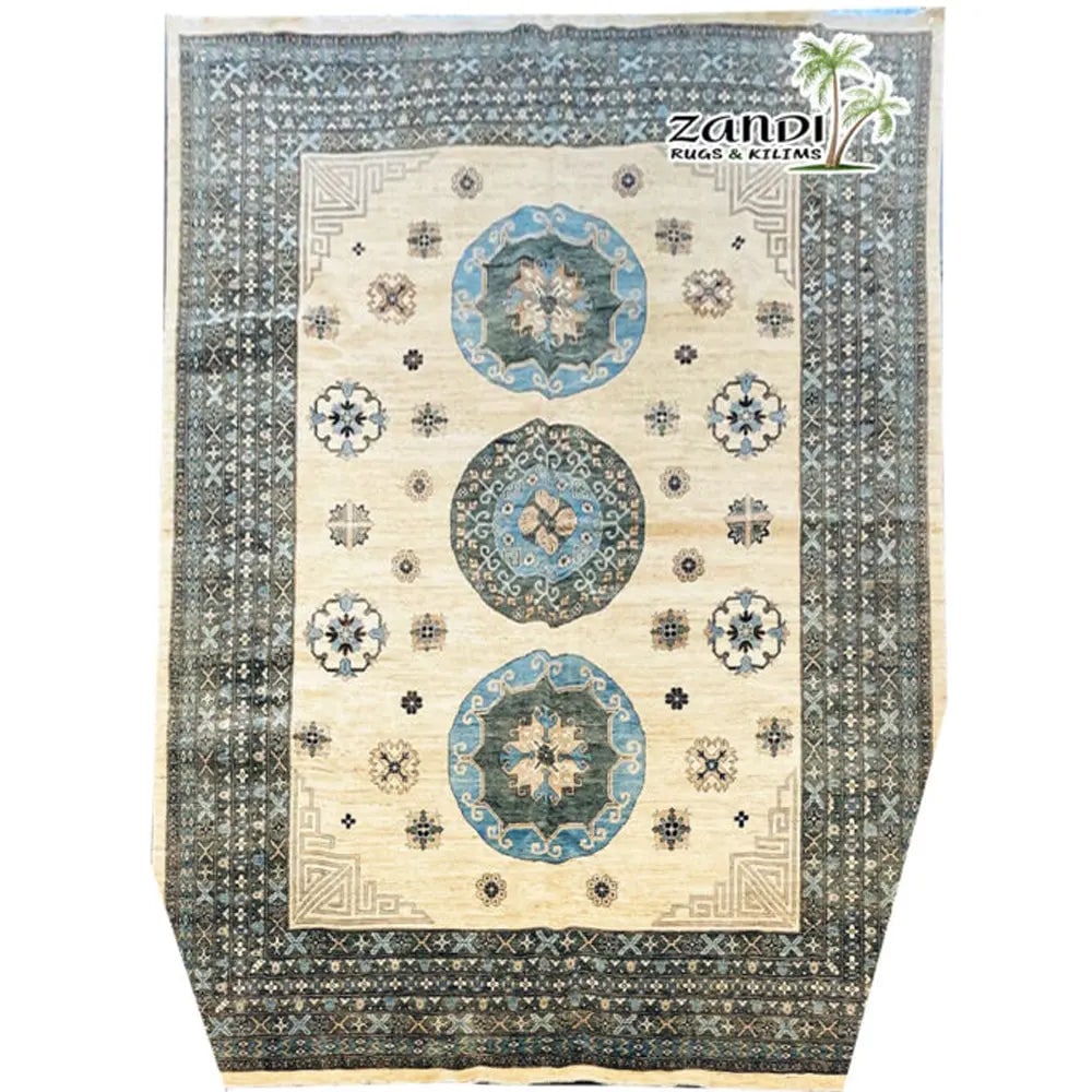 Hand Knotted One Of The Kind Peshawar And Khotan Rug 8'8" x 12'1" Pes_Kho_145: ABC Rugs Kilims Collection Afghan Hand Made Khotan Rug Size 8'8X12'1 Gr10105 (Abcr04249) (Cream, Blue) Hand knotted and meticulously crafted by Afghan artisans, this stunning Afghani Rug Hand Knotted 