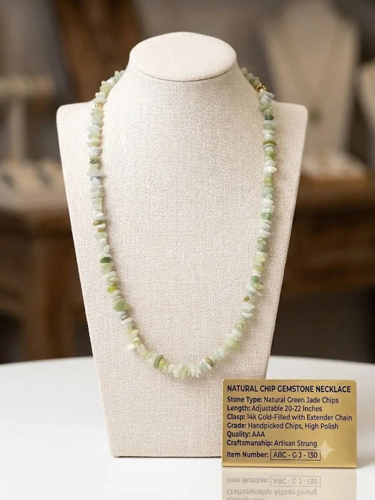 NATURAL CHIP GEMSTONE NECKLACE, Natural Green Jade Stone Chips, Length 20-22 inches (adjustable),: NATURAL CHIP GEMSTONE NECKLACE, Natural Green Jade Stone Chips, Length 20-22 inches (adjustable), ABC-GJ-130