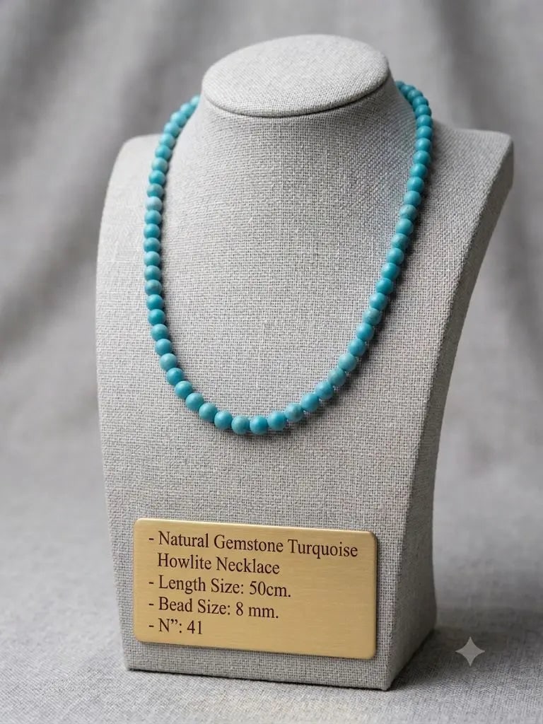 Natural Gemstone Turquoise, Howlite Necklace, Length Size 50cm., Bead Size 8 mm., ABC_NEC_41: Natural Gemstone Turquoise, Howlite Necklace, Length Size 50cm., Bead Size 8 mm., ABC_NEC_41