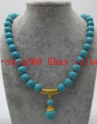 Exceptional Quality 10mm Blue Turquoise Round Gemstone Beads Pendant Necklace 18" Cus-Jew90: Our gemstones are organic, natural stones suitable for investment, collectors, and fine jewelry, each accompanied by an authentic certification. Our 925 silver pieces are rhodium-plated and finished w