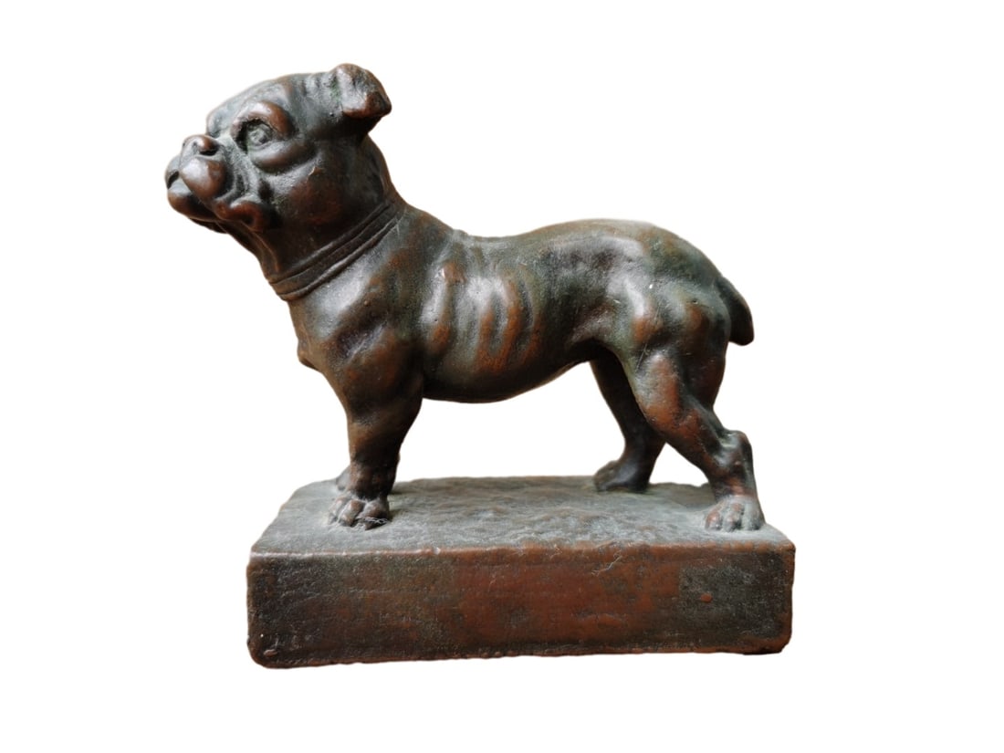 A FRENCH COPPER FIGURE OF A BULLDOG, 19TH CENTURY: A FRENCH COPPER FIGURE OF A BULLDOG, 19TH CENTURY A 19th-Century French Copper Bulldog Figure. Solid copper with natural patina; bottom fitted with original anti-slip pad. Height 11 cm; base 6 × 10