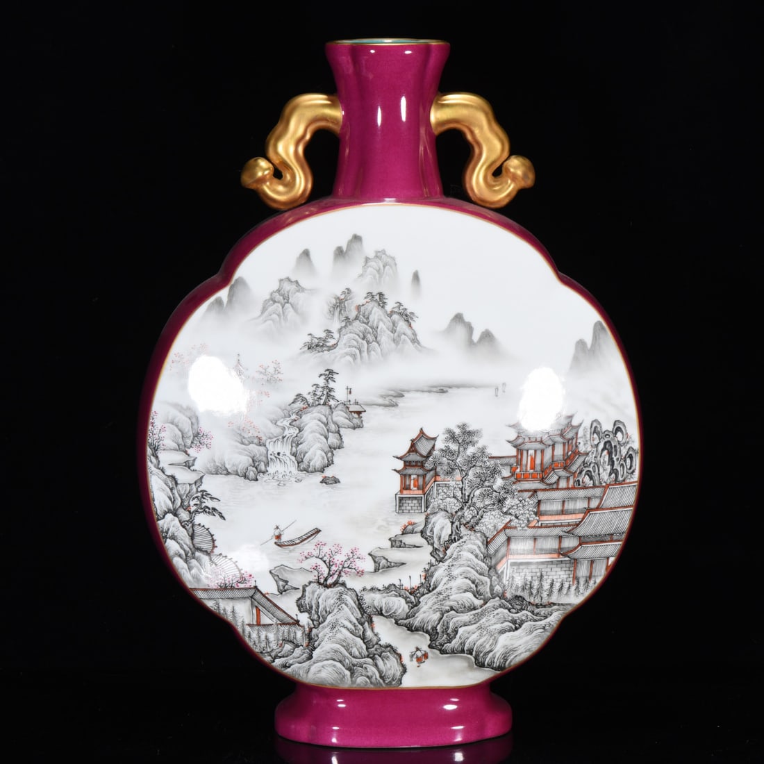 A RUBY RED-GROUND GRISAILLE 'LANDSCAPE AND PAVILIONS' FLASK (1 of 9)