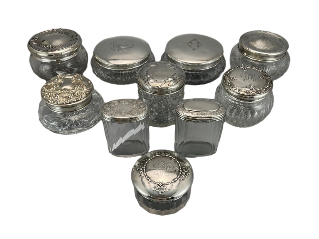 TEN GLASS AND CRYSTAL JARS WITH STERLING SILVER LIDS, 20TH CENTURY (1 of 3)