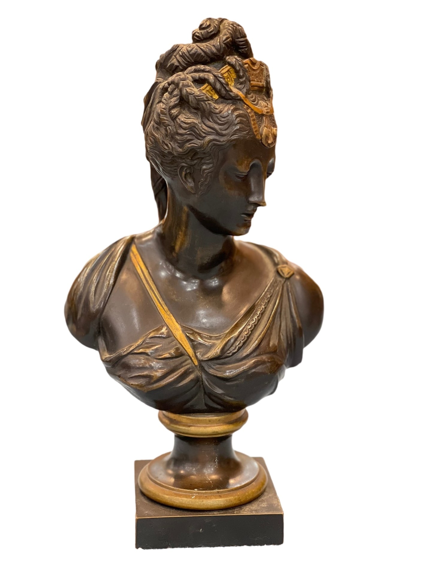 A FRENCH SIGNED SCULPTURE OF DIANE DE POITIERS, 16TH-CENTURY STYLE: A FRENCH SIGNED SCULPTURE OF DIANE DE POITIERS, 16TH-CENTURY STYLE A French 16th-Century Style Sculpture of Diane de Poitiers, after Jean Goujon. Brass base with gilt chest strap and patinated bronze